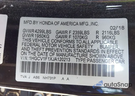 2018 Honda Accord Lx z USA, uszkodzony, nr VIN 1HGCV1F1XJA120213